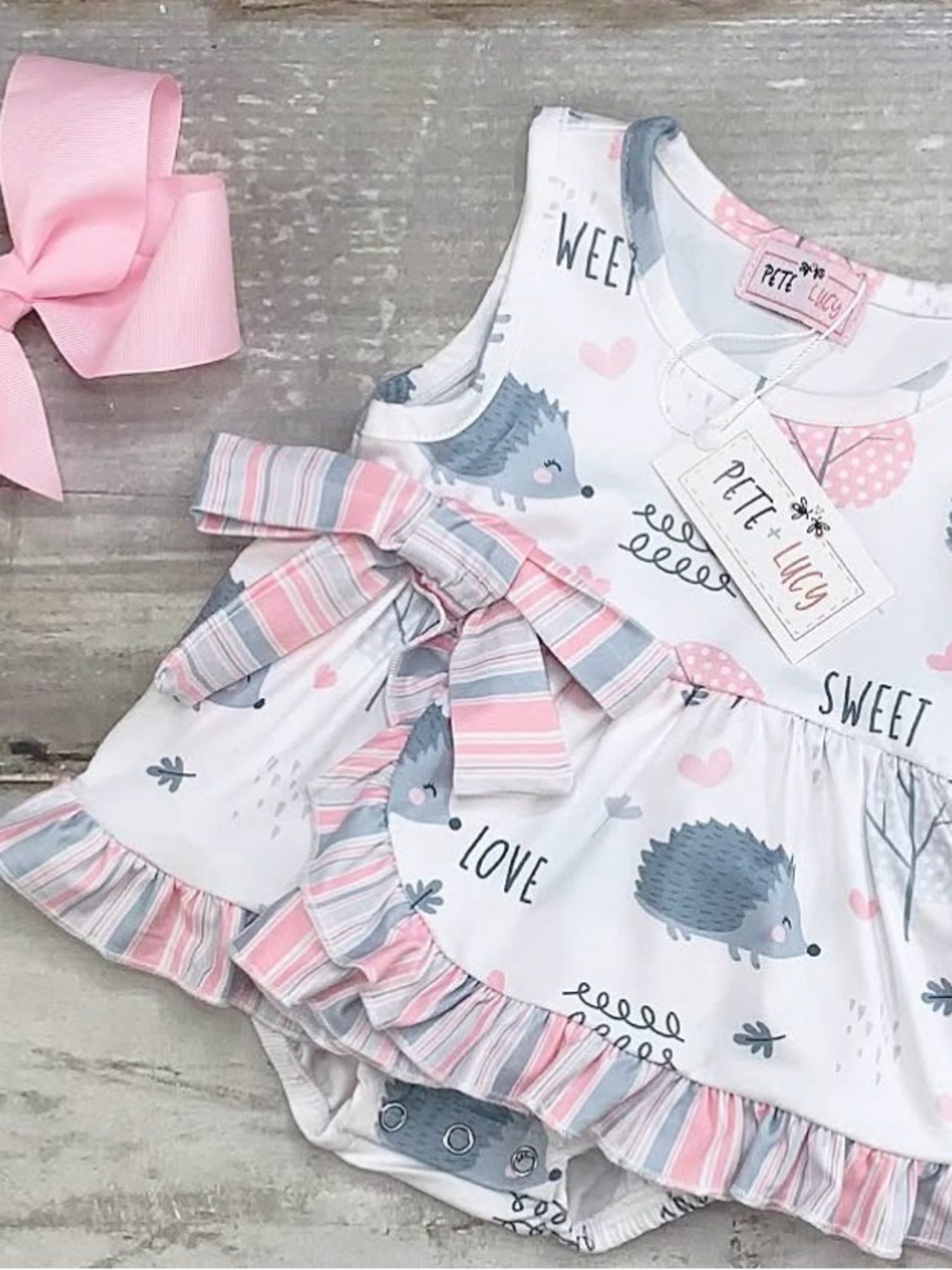 Pink & Gray Hedgehog Bow Ruffle One-Piece